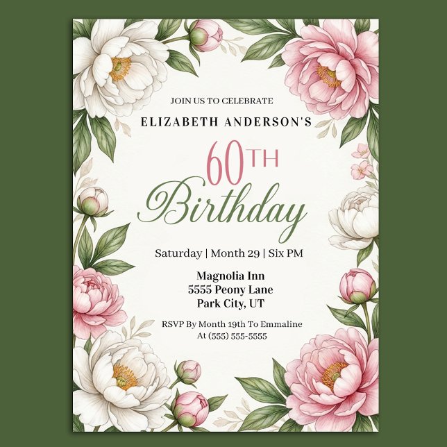 Invitación Magnolia Rosa Suave y Peonía Cumpleaños 60 (Subido por el creador)