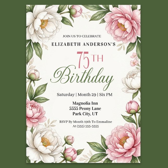 Invitación Magnolia Rosa Suave y Peonía Cumpleaños 75 (Elegant floral 75th birthday invitation with pink peonies white magnolias and green leaves)