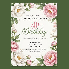 Invitación Magnolia Rosa Suave y Peonía Cumpleaños 80