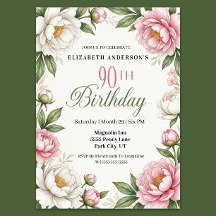 Invitación Magnolia Rosa Suave y Peonía Cumpleaños 90