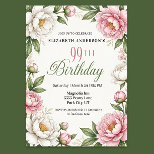 Invitación Magnolia Rosa Suave y Peonía Cumpleaños 99