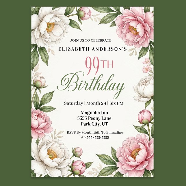 Invitación Magnolia Rosa Suave y Peonía Cumpleaños 99 (Elegant pink peony and white magnolia floral 99th birthday invitation with botanical greenery )