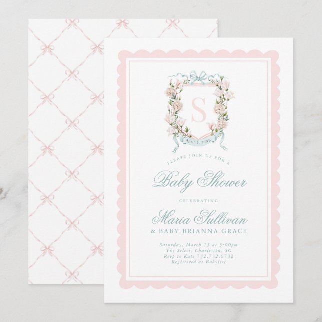 Invitación Magnolia rosada: bebé monograma en ducha de sangre (Anverso / Reverso)