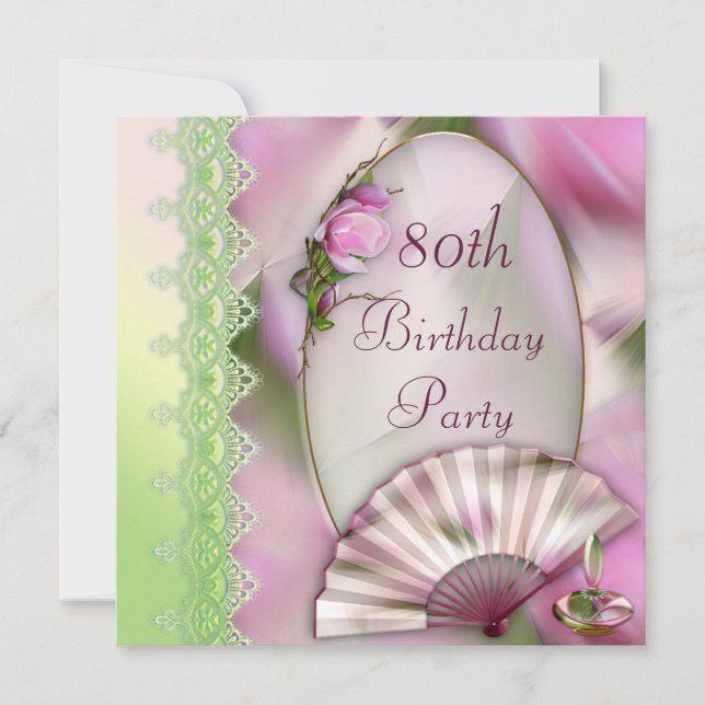 Invitación Magnolia rosada y ventilador 80 cumpleaños (Anverso)