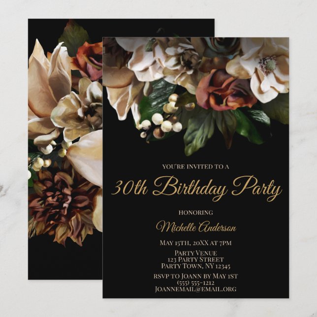 Invitación Magnolia Top Gold y Black Floral Birday (Anverso / Reverso)