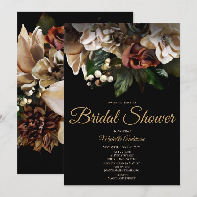 Invitación Magnolia Top Gold y Black Floral Bridal Shower (Anverso / Reverso)