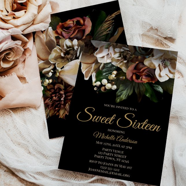 Invitación Magnolia Top Gold y Black Floral Sweet 16 (Subido por el creador)