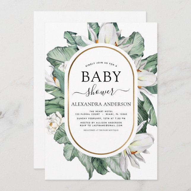 Invitación Magnolia Tropical Baby Shower Greenery Floral Invi (Anverso / Reverso)