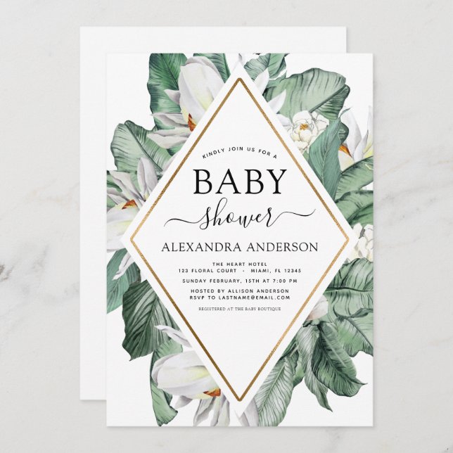 Invitación Magnolia Tropical Baby Shower Greenery Floral Invi (Anverso / Reverso)