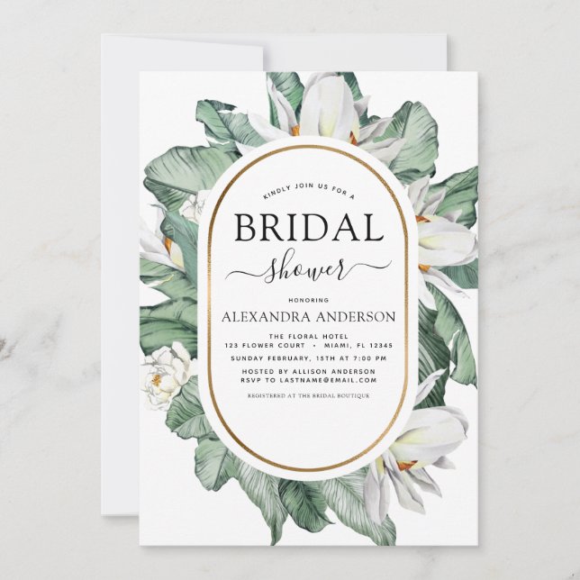 Invitación Magnolia Tropical Bridal Shower Floral Watercolor (Anverso)