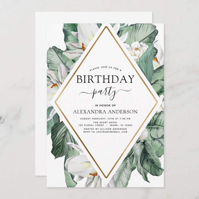 Invitación Magnolia Tropical Cualquier Edad Cumpleaños Floral (Anverso / Reverso)