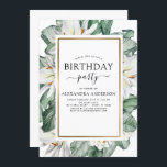 Invitación Magnolia Tropical Cualquier Edad Cumpleaños Floral<br><div class="desc">Flores de Magnolia Tropical con Palm de Verdor Floral y Relieve metalizado dorado Faux Invitaciones de Fiesta de Borde Geométrico o Verano de Cualquier Edad - incluye tipografía de escritura hermosa y elegante con flores botánicas tropicales modernas y vegetación para los especiales 13, 15, 16, 18, 30, 40, 50, 60,...</div>