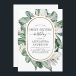 Invitación Magnolia Tropical Dulce Fiesta De Cumpleaños Inv<br><div class="desc">Flores de Magnolia Tropical con Palm de Verdor Floral y Relieve metalizado dorado Faux Primavera Fronteriza Geométrica o Dulce de Verano Dieciséis Invitaciones de Fiesta de Cumpleaños - incluye una tipografía de escritura hermosa y elegante con flores botánicas tropicales modernas y vegetación para la fiesta especial de 16 años.</div>