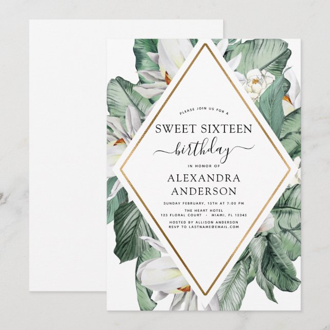 Invitación Magnolia Tropical Dulce Fiesta De Cumpleaños Inv (Anverso / Reverso)