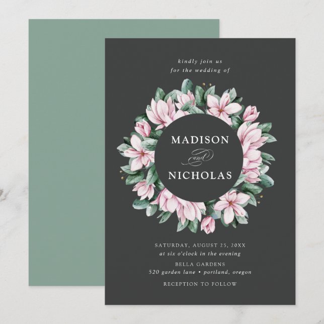Invitación Magnolia y Eucalyptus | Boda Floral Wreath (Anverso / Reverso)
