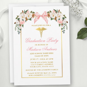 Invitación Magnolias Acuarela Lazo Rosa Fiesta de Graduación 