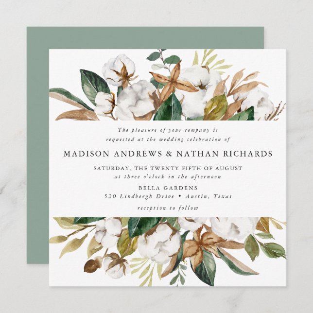 Invitación Magnolias acuarelas | Boda floral (Anverso / Reverso)