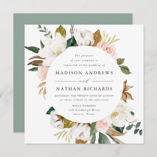 Invitación Magnolias acuarelas | Boda floral (Anverso / Reverso)