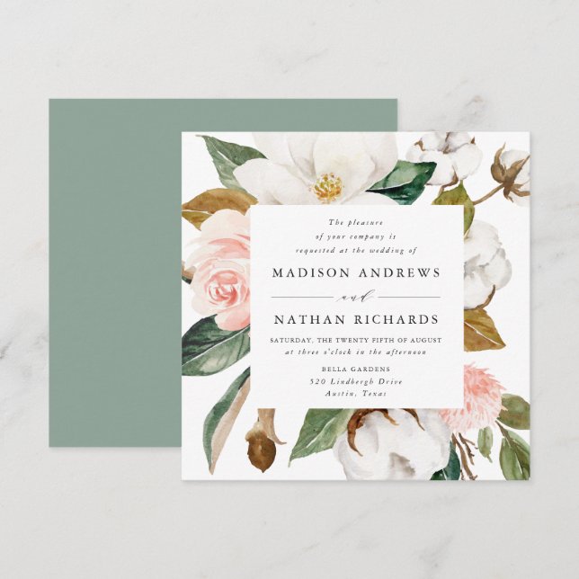 Invitación Magnolias acuarelas | Boda floral (Anverso / Reverso)
