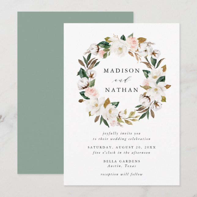 Invitación Magnolias acuarelas | Boda Floral Wreath (Anverso / Reverso)