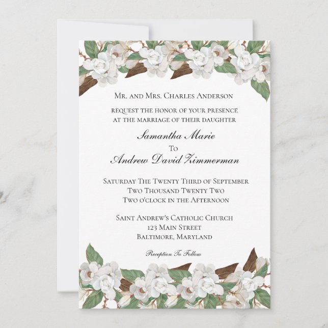 Invitación Magnolias Blancas Clásica Boda Formal Elegante (Anverso)