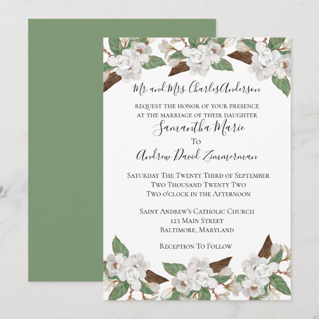 Invitación Magnolias Blancas Clásica Boda Formal Elegante (Anverso / Reverso)
