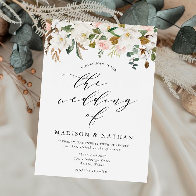 Invitación Magnolias blancas elegantes y Boda floral Rubor (Subido por el creador)