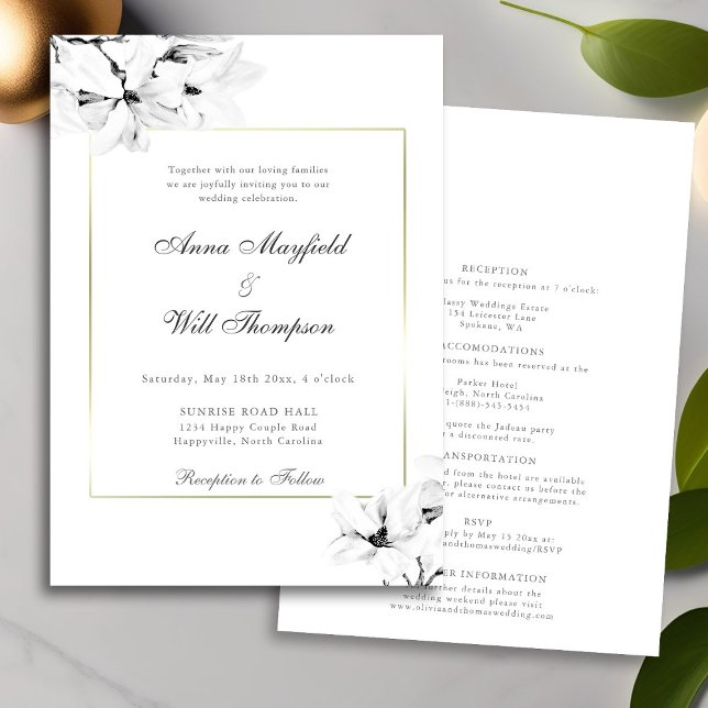 Invitación Magnolias clásicas modernas de oro todo en un Boda (Subido por el creador)