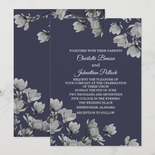 Invitación Magnolias grises del sur y Boda azul de medianoche (Anverso / Reverso)