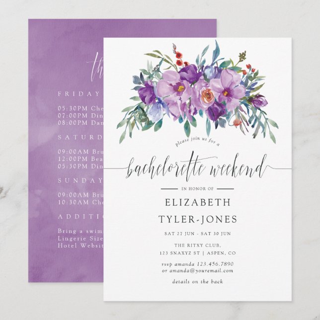 Invitación Magnolias moradas y Rosas Bachelorette Weekend (Anverso / Reverso)