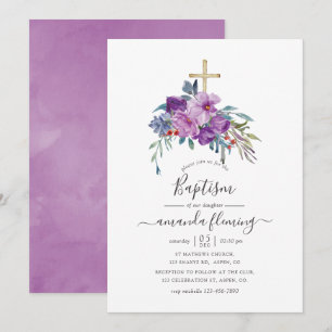 Invitación Magnolias Purpura y Rosas Bautizo Aquarela