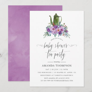 Invitación Magnolias Purpúreas y Rosas Baby Shower Té Party