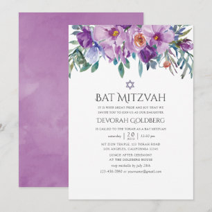 Invitación Magnolias Purpúreas y Rosas Bat Mitzvah
