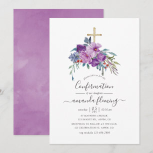 Invitación Magnolias Purpúreas y Rosas Confirmación Acuarela