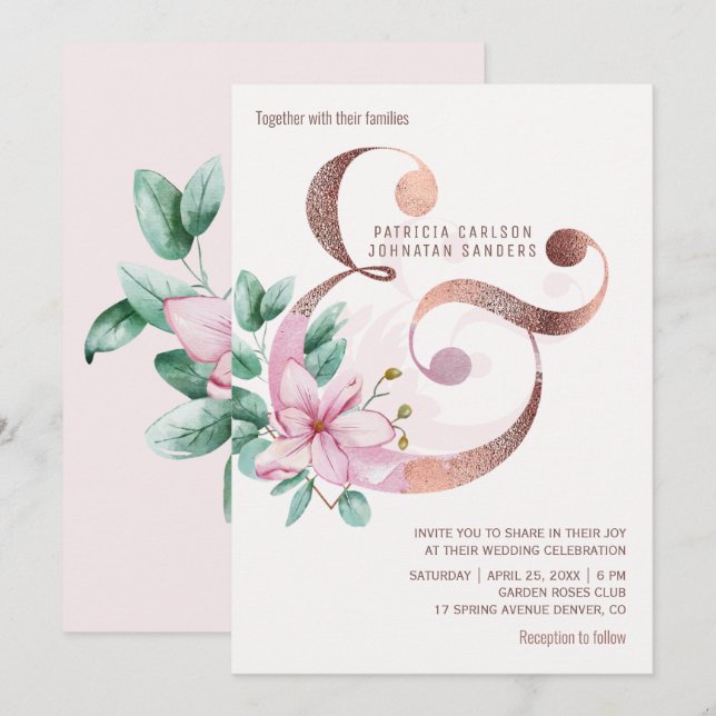Invitación Magnolias rosadas rosa de oro y boda (Anverso / Reverso)