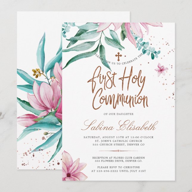 Invitación Magnolias rosadas sagrada primera comunión (Anverso / Reverso)