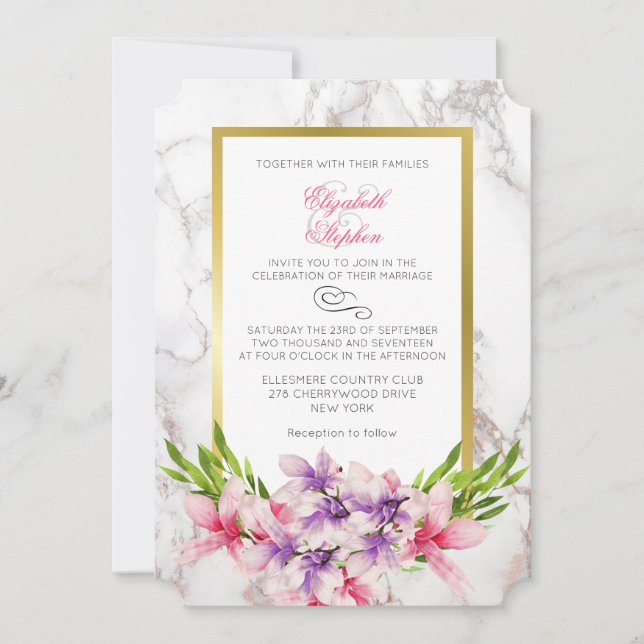 Invitación Magnolias rosadas y moradas en un Boda de la espal (Anverso)