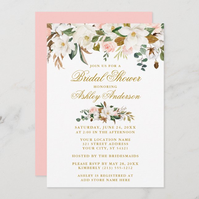 Invitación Magnolias Rosas Dorado Elegante Ducha Bridal (Anverso / Reverso)