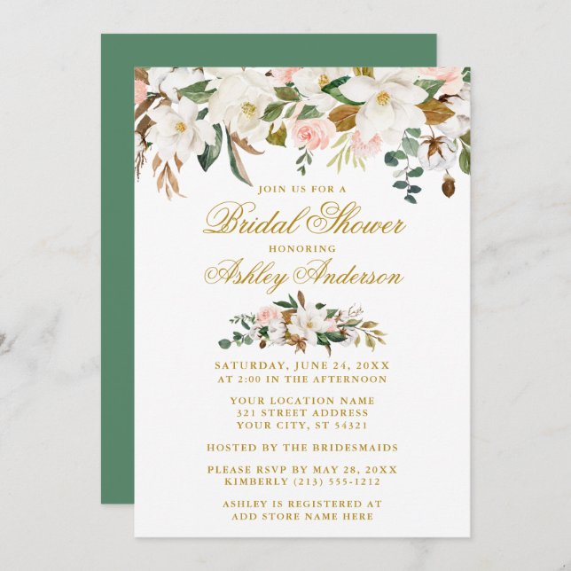 Invitación Magnolias Rosas Dorado Green Elegant Bridal Shower (Anverso / Reverso)