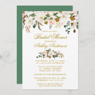 Invitación Magnolias Rosas Dorado Green Elegant Bridal Shower