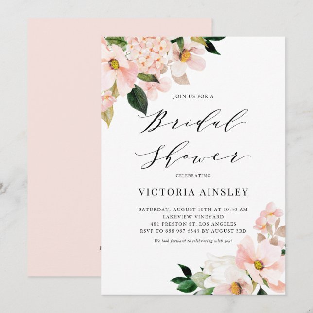 Invitación Magnolias rosas e hidráneas de Rubor (Anverso / Reverso)