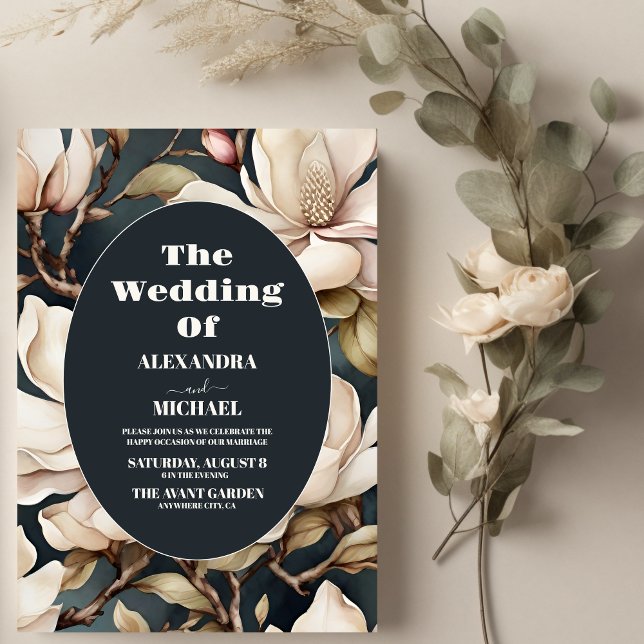 Invitación Magnolias rosas elegantes y vegetación (Subido por el creador)