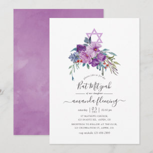 Invitación Magnolias y Rosas Purpúreas Aquarela Bat Mitzvah