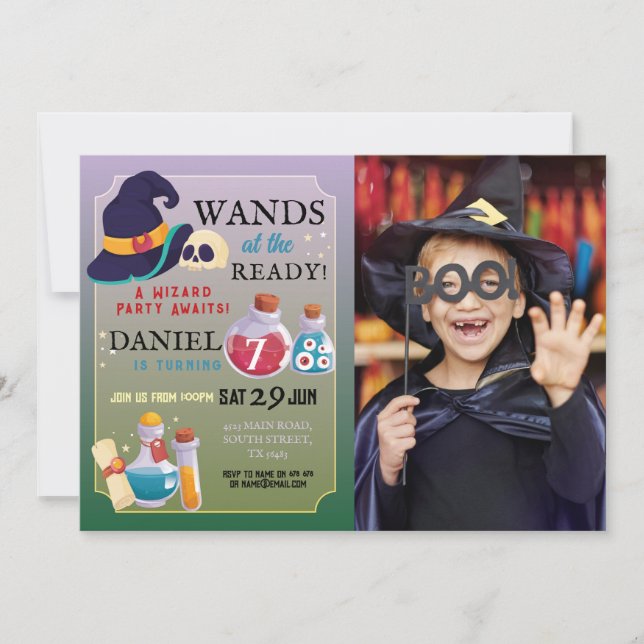 Invitación Mago Cumpleaños Party Wands En Los Chicos Listos (Anverso)