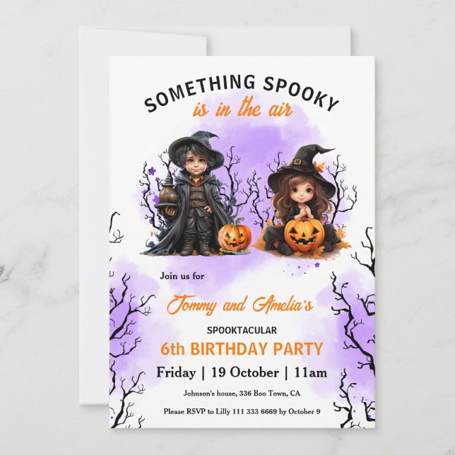 Invitación Mago lindo y cumpleaños de bruja gemela Halloween (Anverso)
