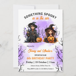 Invitación Mago lindo y cumpleaños de bruja gemela Halloween