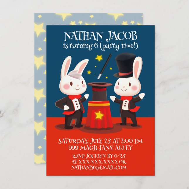 Invitación Magos de conejo lindo en cumpleaños mágico en esce (Anverso / Reverso)