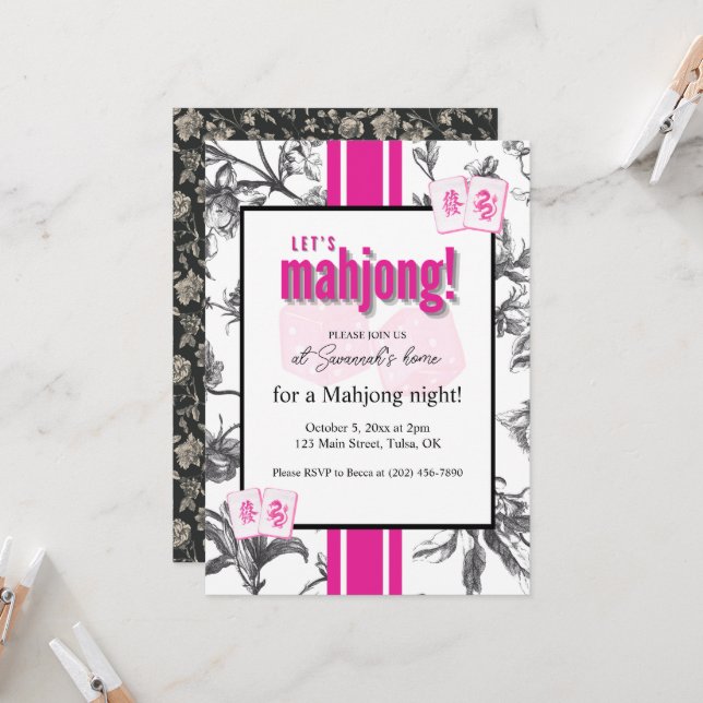 Invitación Mahjong Party Invitation, black pink toile, tiles (Anverso/Reverso In Situ)