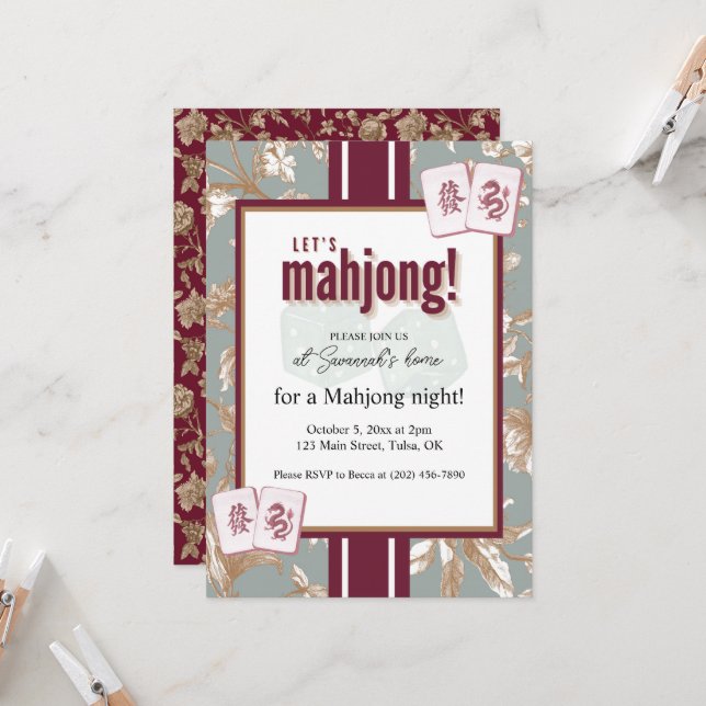 Invitación Mahjong Party Invitation, burgundy toile, tiles (Anverso/Reverso In Situ)