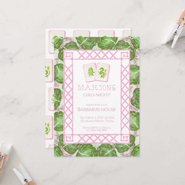 Invitación Mahjong Party Invitation, Cabbage and Pink (Anverso/Reverso In Situ)